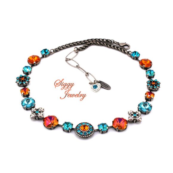 Fiamma Vita Austrian Crystal Flower Necklace Orange and Teal, Antique silver - Picture 3 of 6